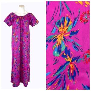 70s Pink Multicolor Iris Floral Flutter Sleeve Kaftan Maxi Dress Mumu Medium